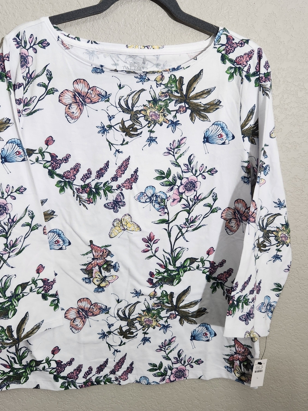 Talbots White Floral & Butterfly Long Sleeve Top